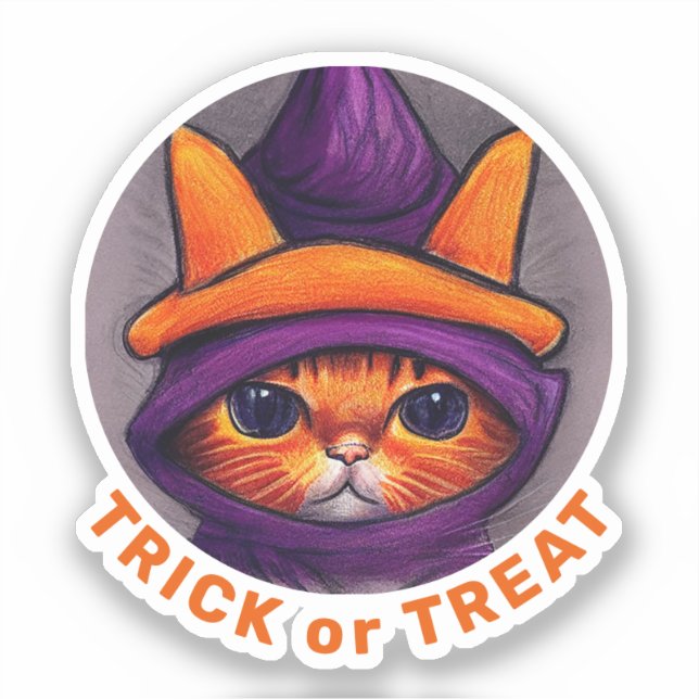 Orange Cat Purple Witch Hat Trick Treat Halloween Sticker (Front)