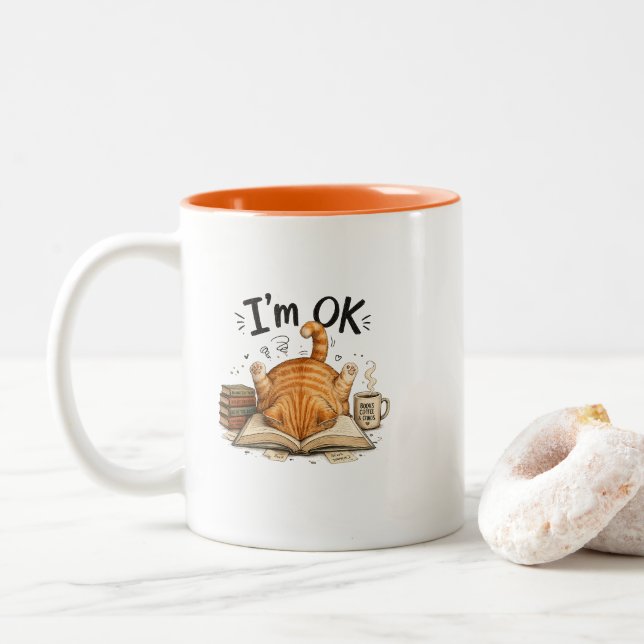 Orange Cat Reading Humor Orange Coffee Mug (With Donut)