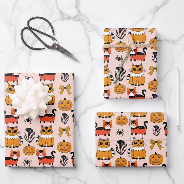 orange cat seamless pattern halloween wrapping paper sheets (Front)