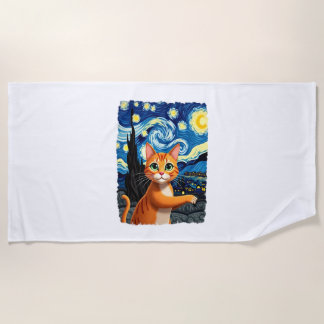 Orange Cat Selfie  Starry Night Cat Mom Cat Lovers Beach Towel