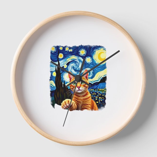 Orange Cat Selfie  Starry Night Cat Mom Cat Lovers Clock (Front)