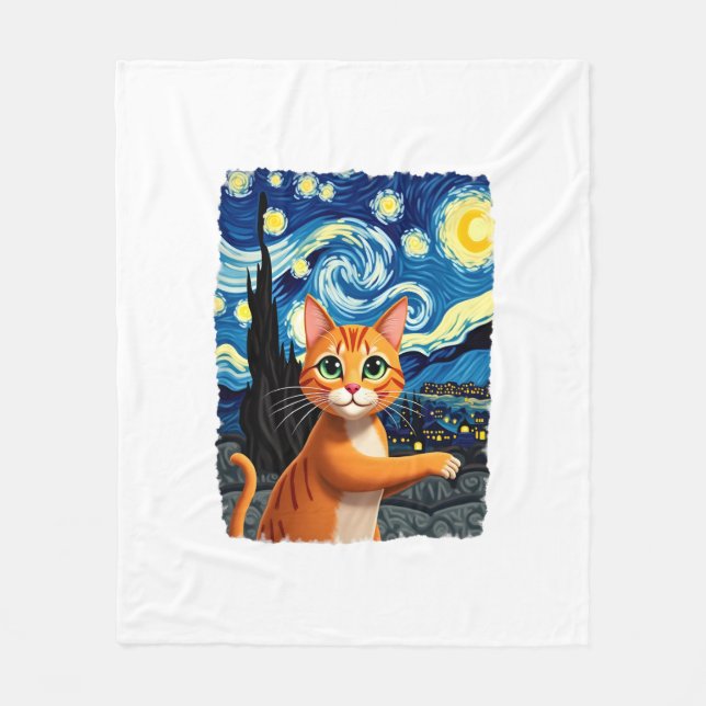 Orange Cat Selfie  Starry Night Cat Mom Cat Lovers Fleece Blanket (Front)
