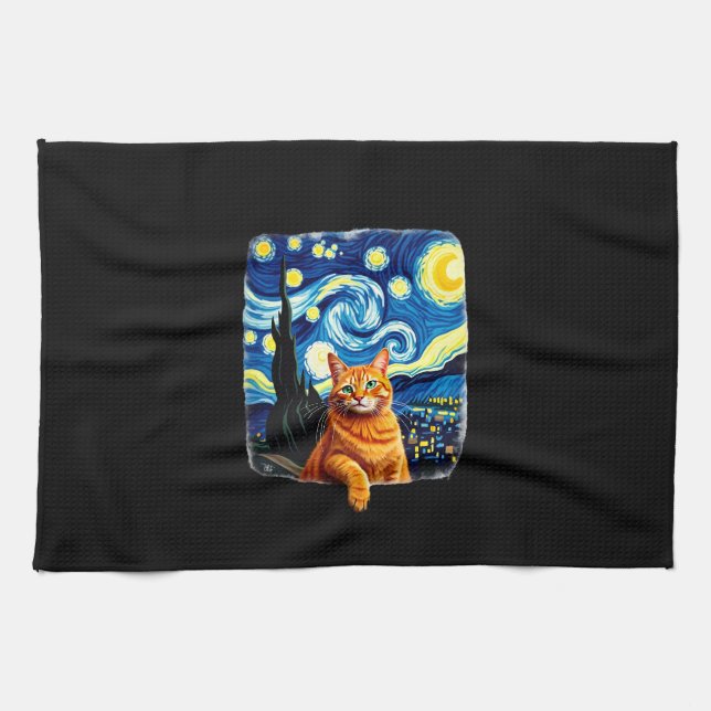 Orange Cat Selfie  Starry Night Cat Mom Cat Lovers Kitchen Towel (Horizontal)