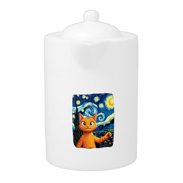 Orange Cat Selfie  Starry Night Cat Mom Cat Lovers Teapot (Front)
