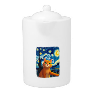 Orange Cat Selfie  Starry Night Cat Mom Cat Lovers Teapot