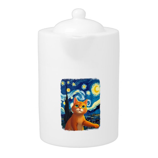Orange Cat Selfie  Starry Night Cat Mom Cat Lovers Teapot (Front)