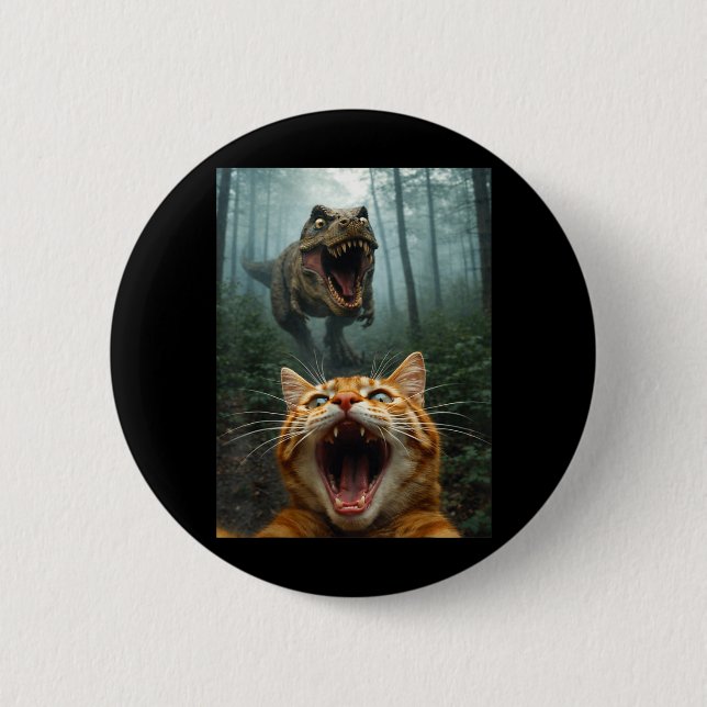 Orange Cat Selfie with T-Rex Dinosaur Funny Men Button (Front)