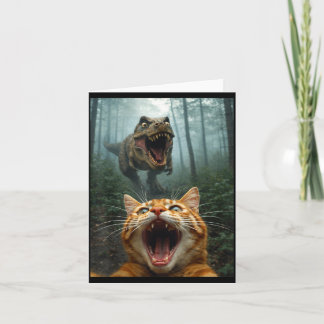 Orange Cat Selfie with T-Rex Dinosaur Funny Men Card