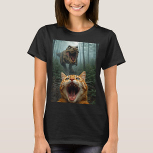 Orange Cat Selfie with T-Rex Dinosaur Funny Men T-Shirt