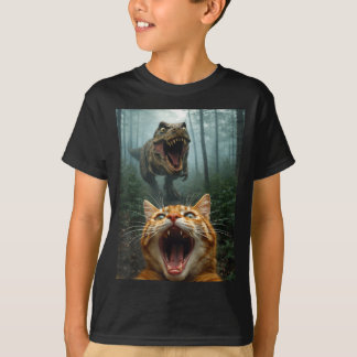 Orange Cat Selfie with T-Rex Dinosaur Funny Men T-Shirt