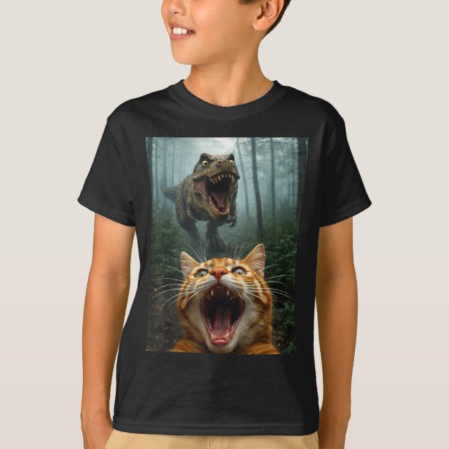 Orange Cat Selfie with T-Rex Dinosaur Funny Men T-Shirt (Front)