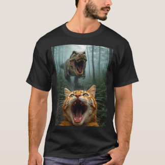 Orange Cat Selfie with T-Rex Dinosaur Funny Men T-Shirt