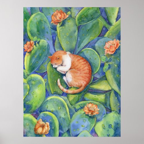 Orange Cat Sleeping Among Blooming Cacti Fine Art Poster