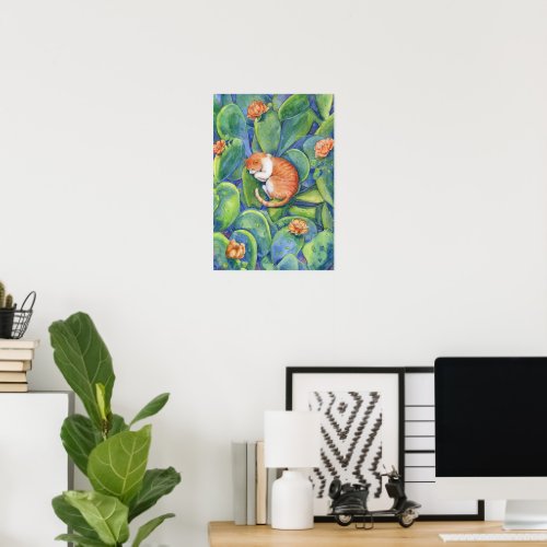 Orange Cat Sleeping Among Blooming Cacti Fine Art Poster