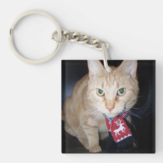 Orange Cat Wearing Christmas Scarf Keychain