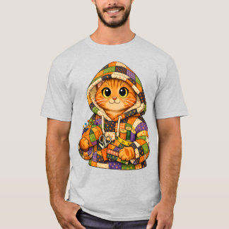 Orange cat wearing upcycled quilt hoodie T-Shirt
