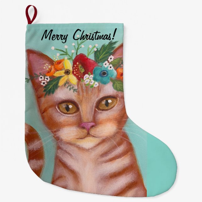 Orange Cat Whimsical Art Large Christmas Stocking (Front)