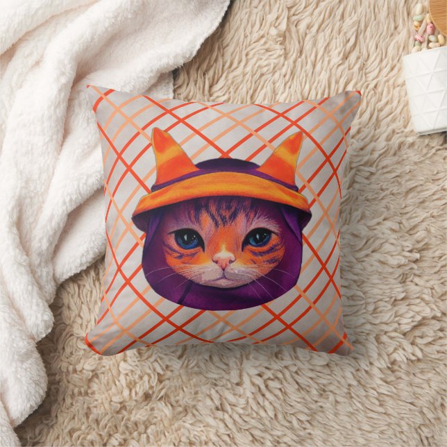 Orange Cat Witch Hat Trick or Treat Halloween Throw Pillow (Blanket)