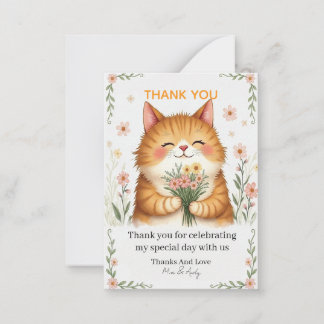 Orange Cat with a Bouquet of Flowers Thank You Note Card
