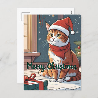 Orange cat with Christmas hat cute animal pet Holiday Postcard