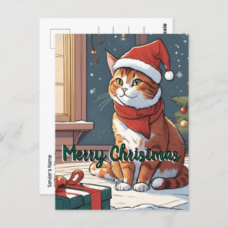 Orange cat with Christmas hat cute animal pet Postcard
