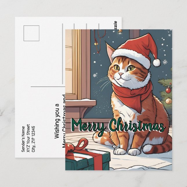 Orange cat with Christmas hat cute animal pet  Postcard (Front/Back)
