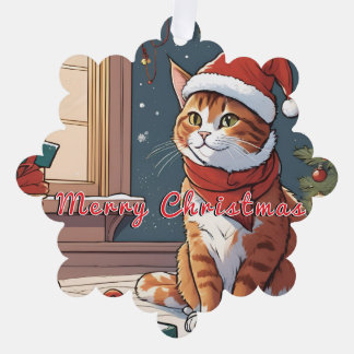 Orange cat with Christmas hat cute Pet Animal Ornament Card