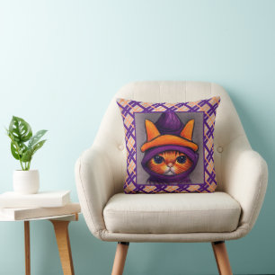 Orange Cat with Purple Witch Hat Drawing Throw Pillow