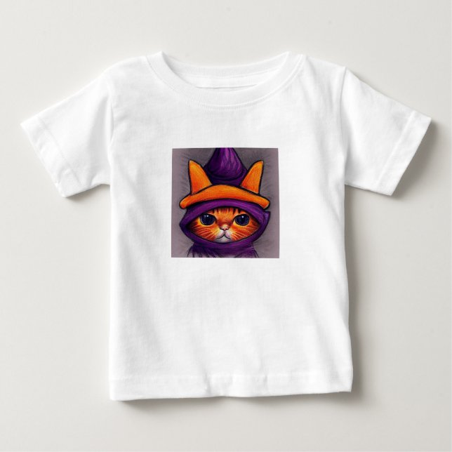 Orange Cat with Purple Witch Hat Halloween  Baby T-Shirt (Front)