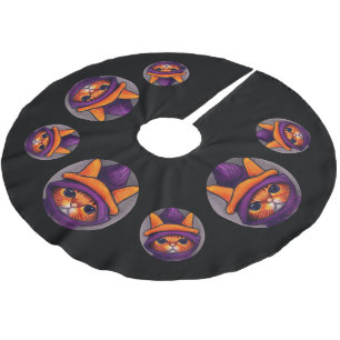 Orange Cat with Purple Witch Hat Halloween Black Brushed Polyester Tree Skirt