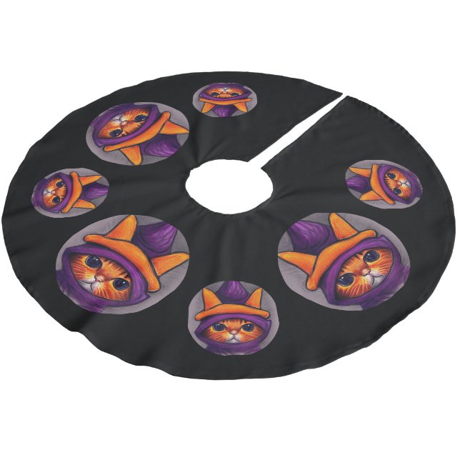 Orange Cat with Purple Witch Hat Halloween Black Brushed Polyester Tree Skirt (Angled)