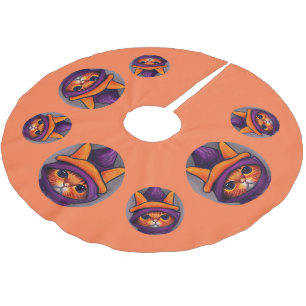 Orange Cat with Purple Witch Hat Halloween Brushed Polyester Tree Skirt