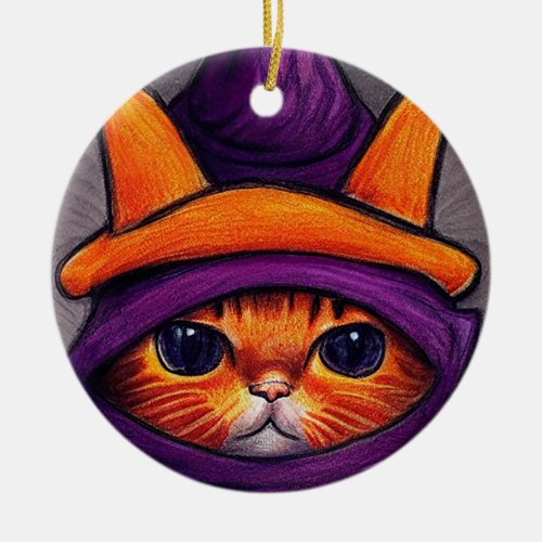 Orange Cat with Purple Witch Hat Halloween Ceramic Ornament