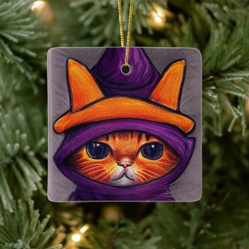 Orange Cat with Purple Witch Hat Halloween Ceramic Ornament