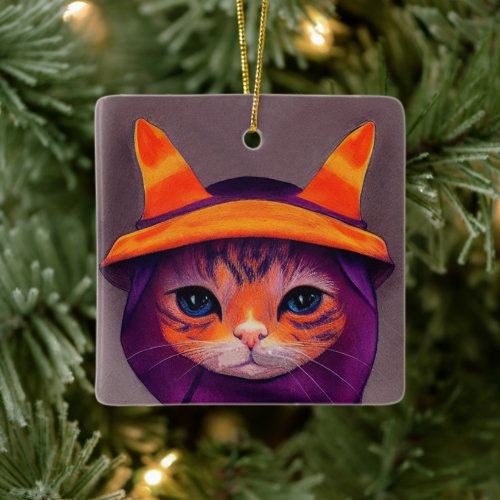 Orange Cat with Purple Witch Hat Halloween  Ceramic Ornament