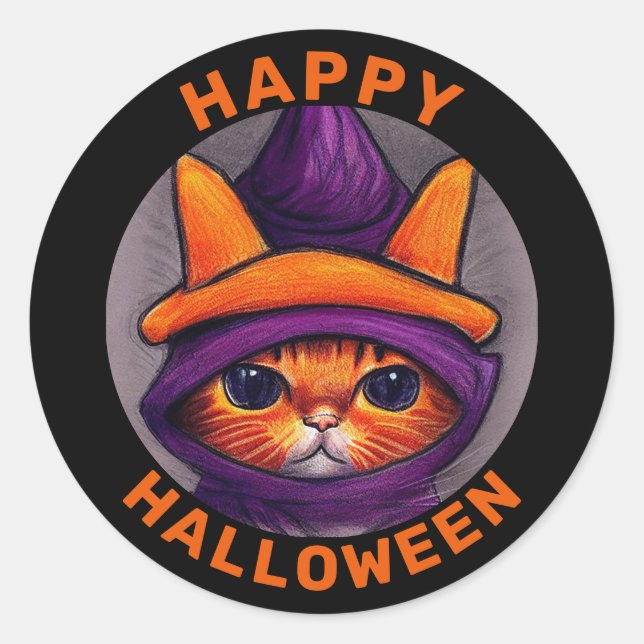 Orange Cat with Purple Witch Hat Halloween  Classic Round Sticker (Front)