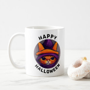 Orange Cat with Purple Witch Hat Halloween Coffee Mug