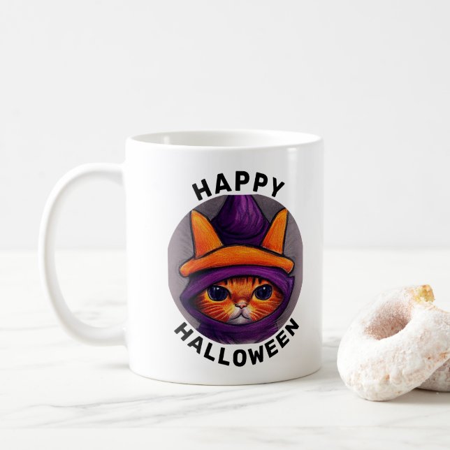Orange Cat with Purple Witch Hat Halloween  Coffee Mug (With Donut)