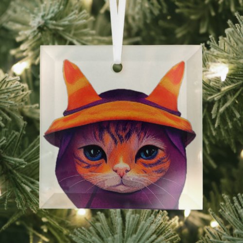 Orange Cat with Purple Witch Hat Halloween Glass Ornament