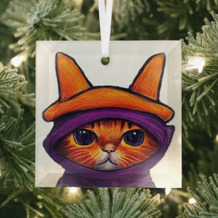 Orange Cat with Purple Witch Hat Halloween Glass Ornament