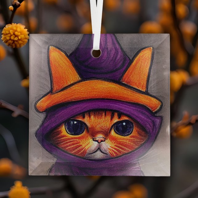Orange Cat with Purple Witch Hat Halloween Glass Ornament (Creator Uploaded)