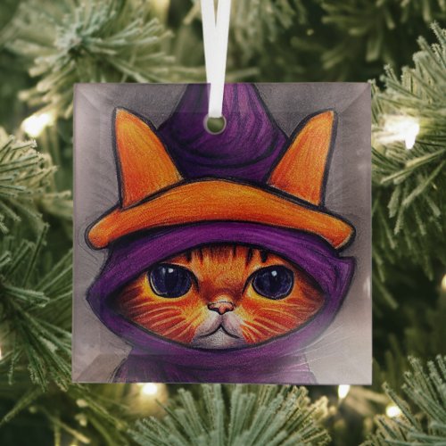 Orange Cat with Purple Witch Hat Halloween Glass Ornament