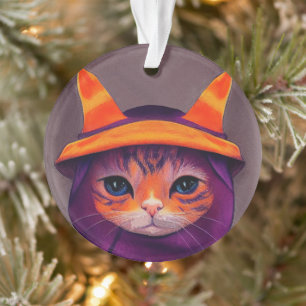 Orange Cat with Purple Witch Hat Halloween  Ornament