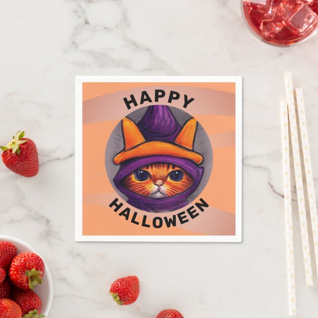 Orange Cat with Purple Witch Hat Halloween Party  Napkins (Insitu)