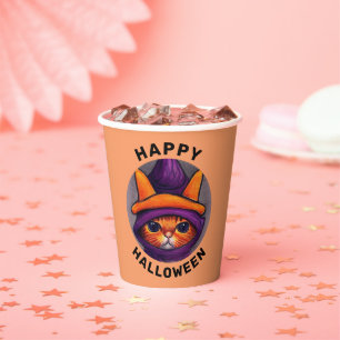 Orange Cat with Purple Witch Hat Halloween Party Paper Cups
