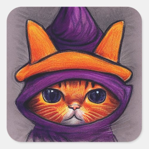Orange Cat with Purple Witch Hat Halloween Square Sticker
