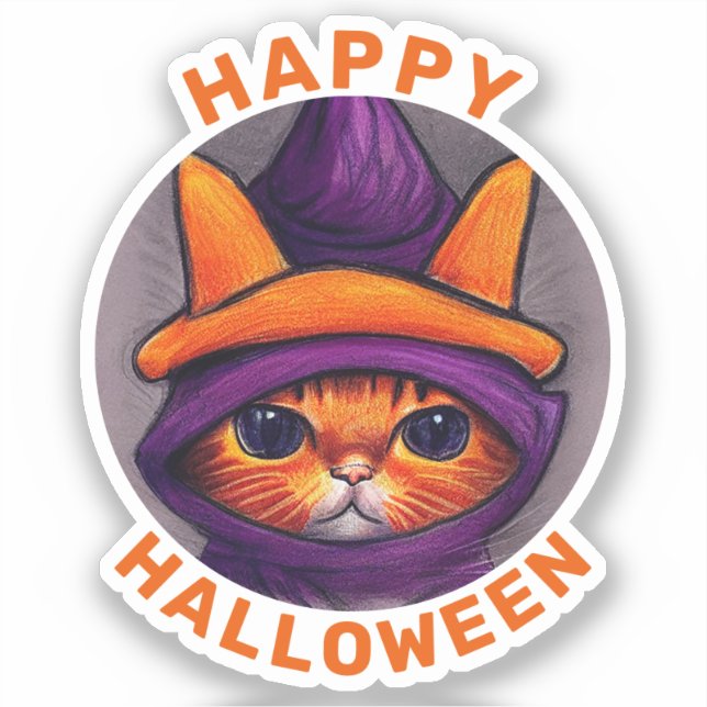 Orange Cat with Purple Witch Hat Halloween Sticker (Front)