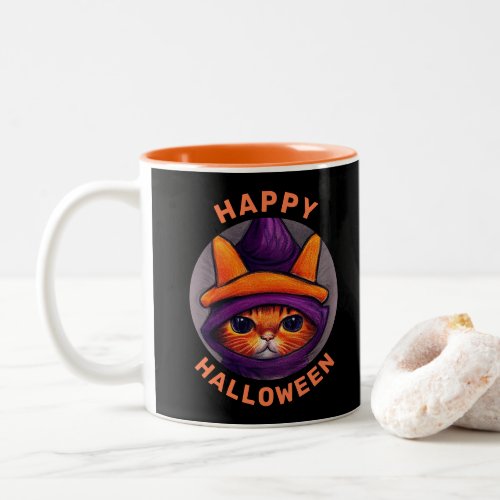 Orange Cat with Purple Witch Hat Halloween Two_Tone Coffee Mug
