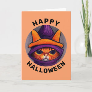 Orange Cat with Purple Witch Hat Happy Halloween Card