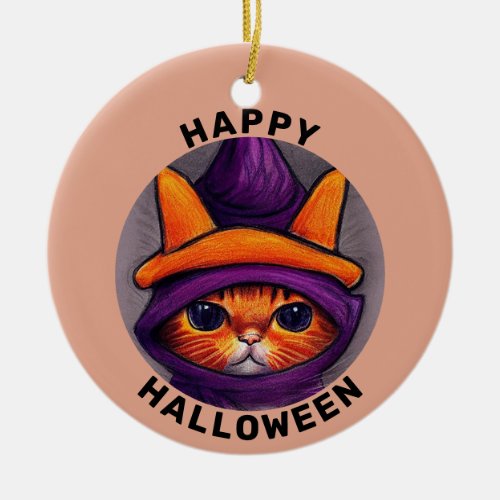 Orange Cat with Purple Witch Hat Happy Halloween Ceramic Ornament